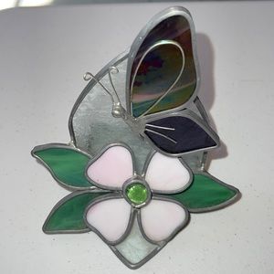 Dogwood & butterfly stained glass candle holder / decorative stand pink -